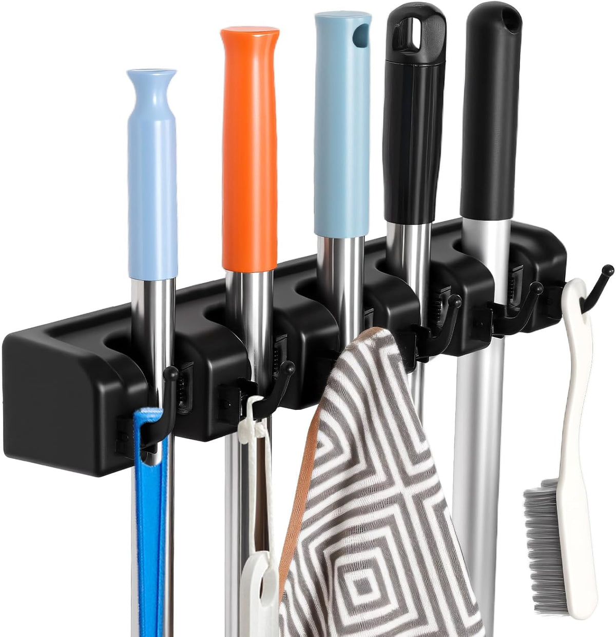 Inpoto Wall Mount Broom Holder 5 Slots 6 Hooks Mop Organizer Rack