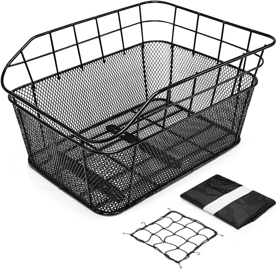 ANZOME Rear Bike Basket, Waterproof Metal Wire Bicycle Basket with Adjustable Cargo Net and Waterproof Rainproof Cover Fits to Most Rear Bike Racks