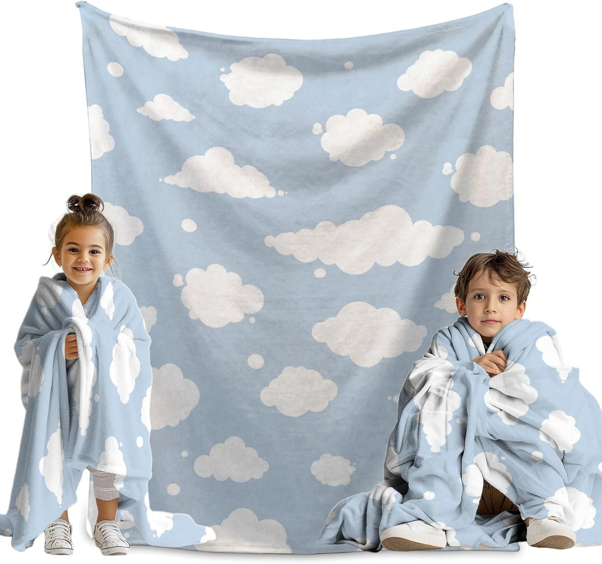 Cloud Print Throw Blanket, Blue and White Gift for Girl and Boy, Lightweight Soft Cute Fleece Blanket for Sofa Chairs Bed, 60" X 50" for Teens