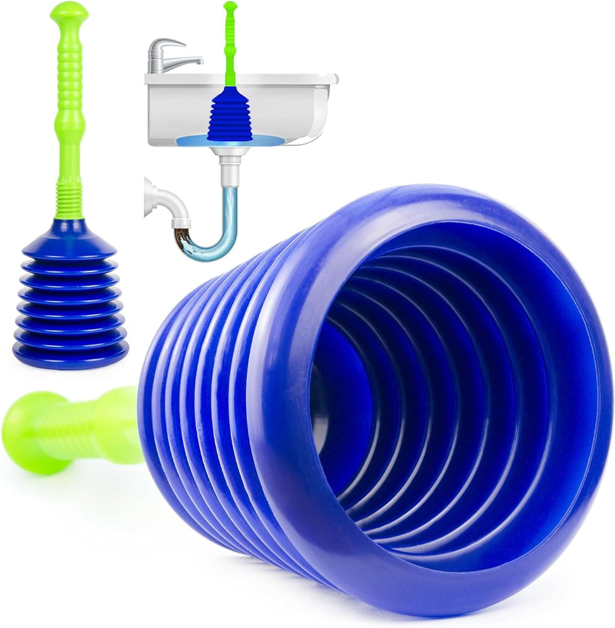 Luigi'S Sink Plunger Kitchen - Sink Plunger Bathroom - Drain Bathtub or Shower - Large and Powerful Clog Remover - Commercial Style Plumbers Plungers with Large Bellows - Blue Green - Grande