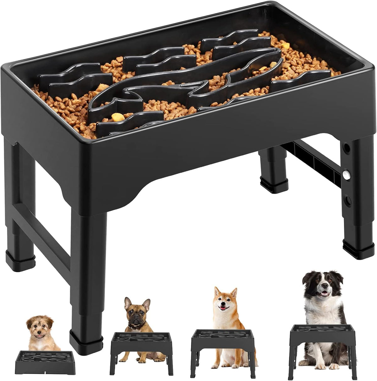 9 Cups Elevated Slow Feeder Dog Bowls 4 Adjustable Heights, Black