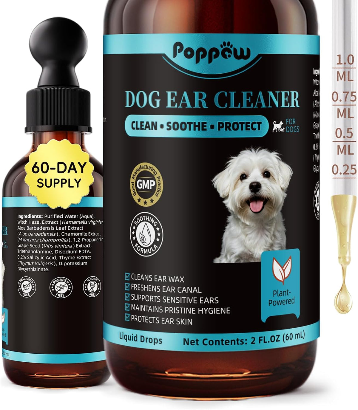 Dog Ear Cleaner, Natural Ear Drops for Dogs, 60-Day Servings