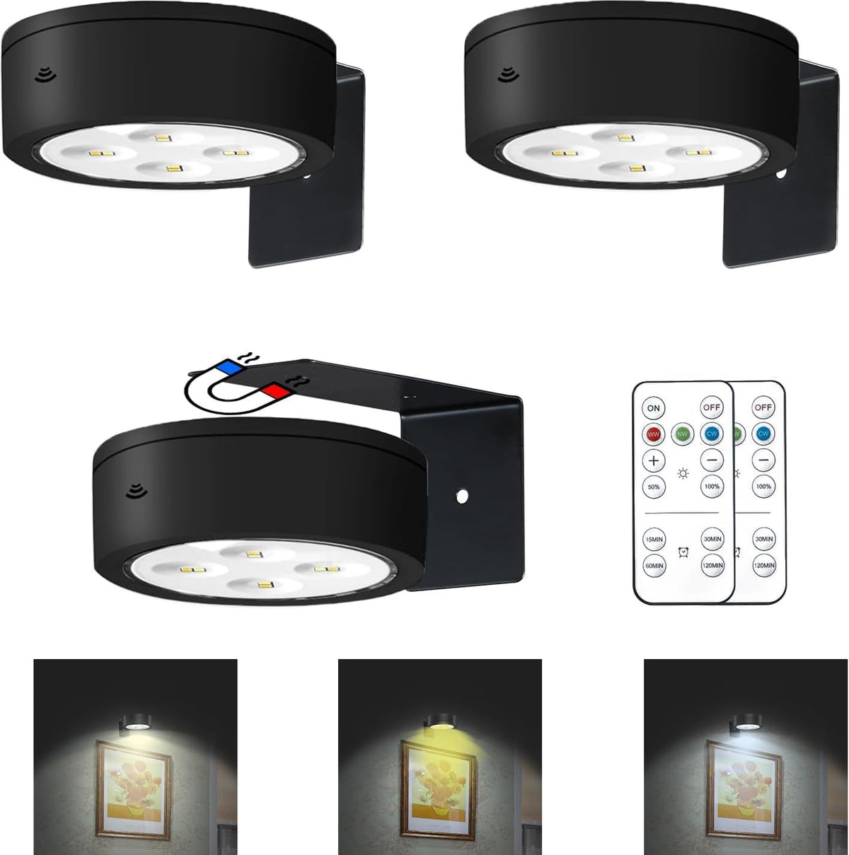 3Pcs Battery Operated Picture Light, Magnetic Painting Light with Remote, Dimmable Timer Art Display Light with 3 Light Modes for Dartboard Frame Picture Portrait,Wireless Wall Decor Puck Lights