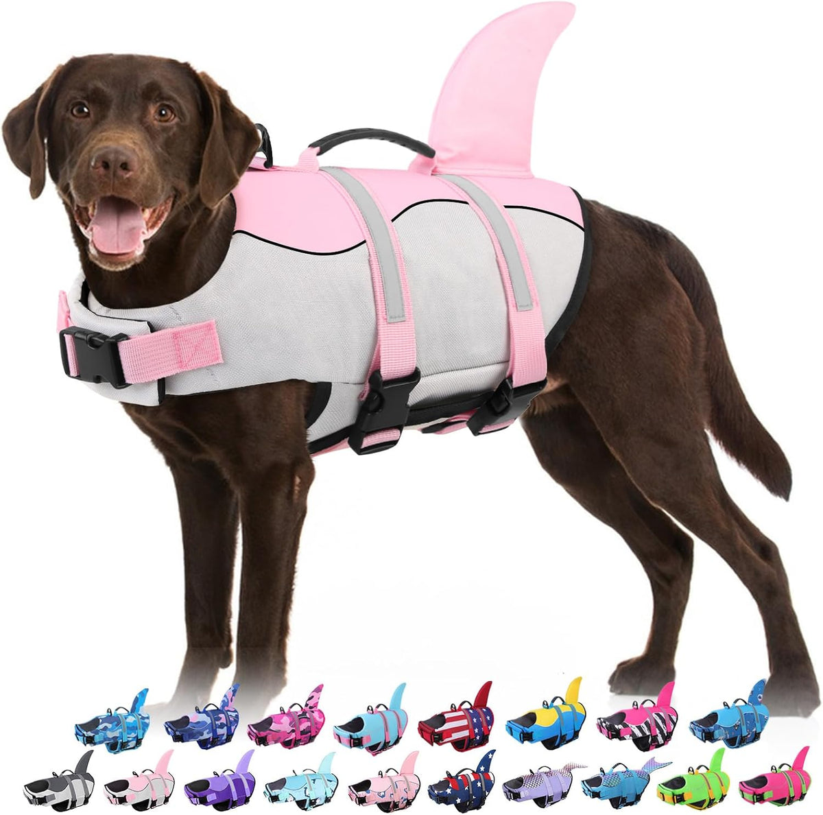 Dog Life Jackets, Ripstop Pet Floatation Life Vest for Small, Middle, Large Size Dogs, Dog Lifesaver Preserver Swimsuit for Water Safety at the Pool, Beach, Boating (M, Pink Shark)Medium