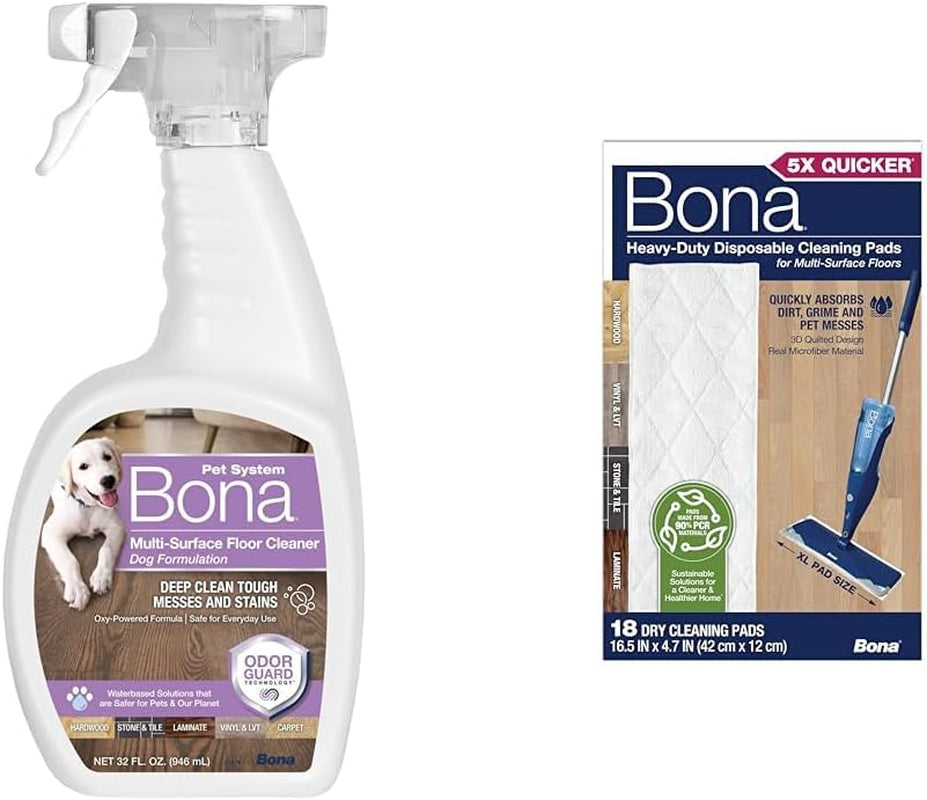 Bundle of Bona Pet System Multi-Surface Floor Cleaner, Dog Formulation 32 Fl Oz + Bona Multi-Surface Floor Cleaning Pads - 18 Refills - Heavy-Duty, Disposable, Microfiber Pads for Easy Floor Cleaning