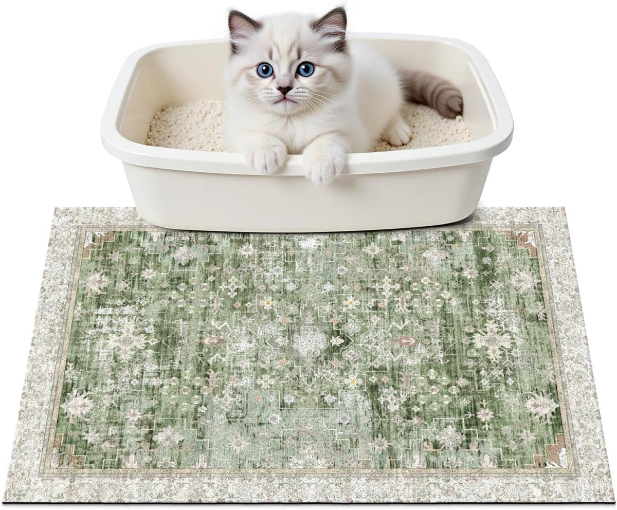 Cat Litter Mat Litter Trapping Mat, 24"X15" Waterproof Urine Proof Litter Box Mat Catcher Mat Non-Slip Washable for Kitty Kitten, Green