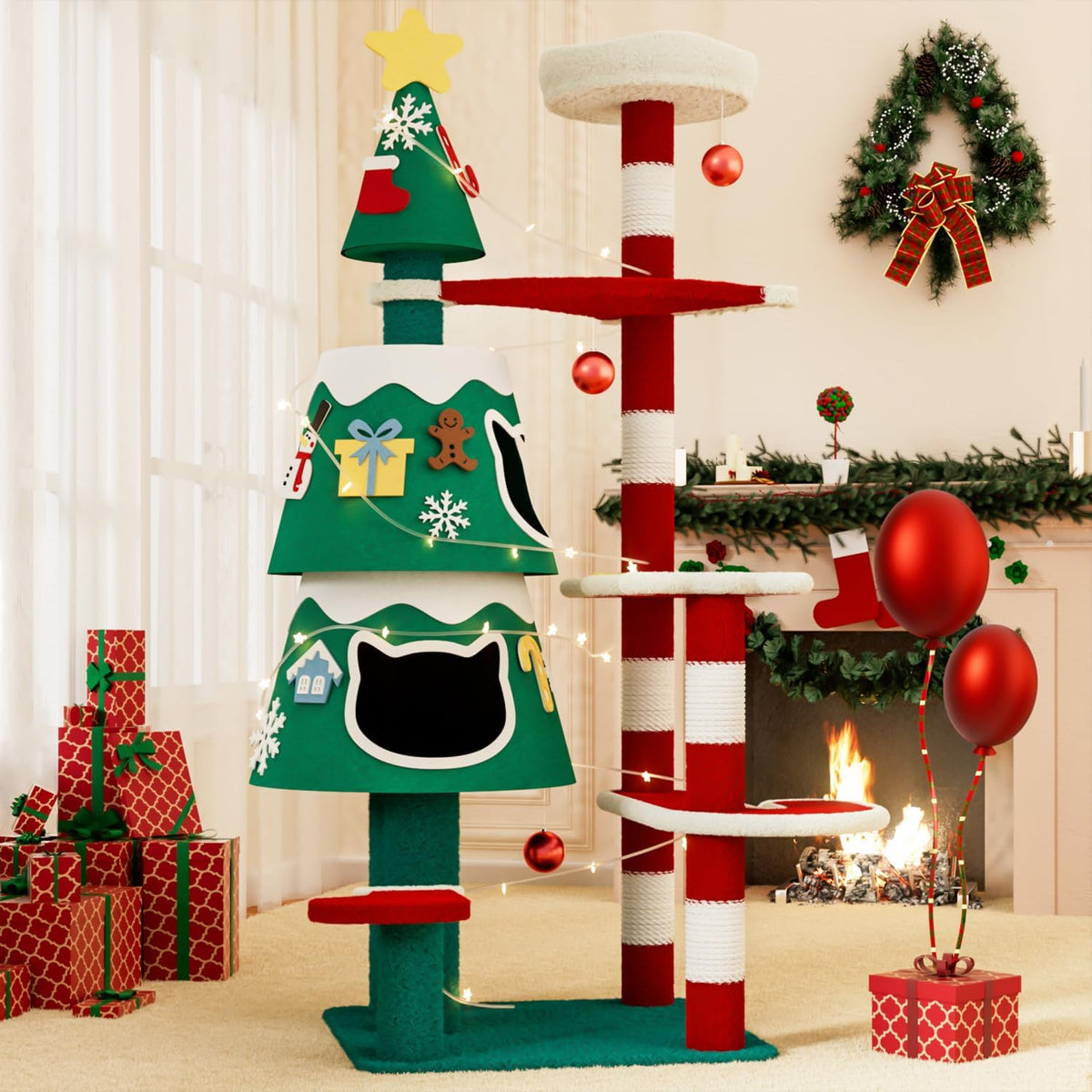 YARUOMY Christmas Cat Tree, Cat Tower for Indoor Cats with 2 Cat Condos, Thickened Cat Scratching Post,Cute Cat Furniture with DIY Christmas-Themed Stickers and LED String Lights
