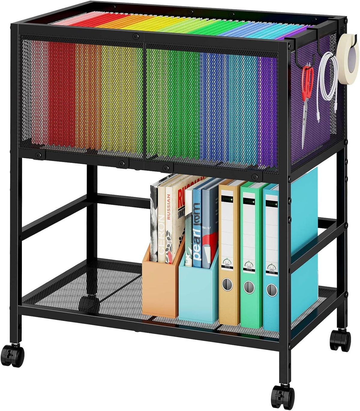 Rolling File Cart for Letter Size, Metal Hanging File Organizer with Storage Shelf, 2-Tier Mobile File Cabinet with 360° Wheels & Hooks, under Desk Filing Cabinets for Home Office, Black