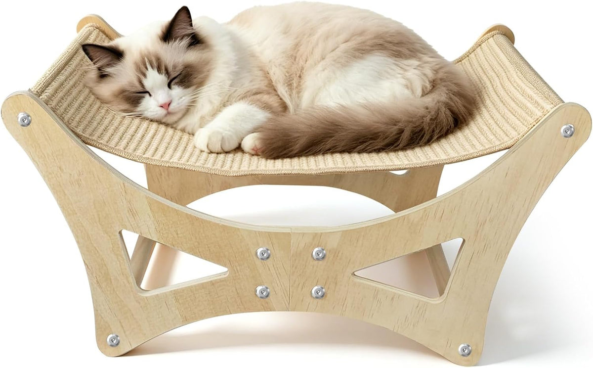 Cat Hammock Bed for Large Cats, Elevated Wooden Bed with Natural Sisal Scratching Mat, Cozy Lounge with Soft Cushion, Supports up to 40 LBS, Modern Indoor Furniture