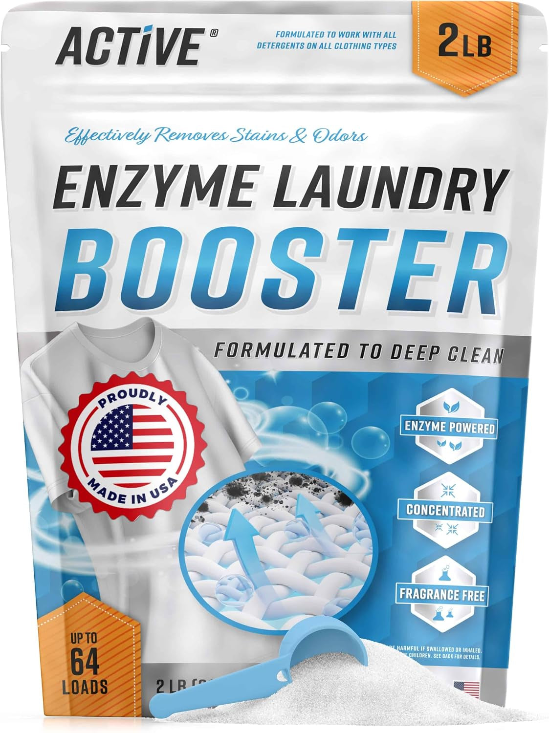 Enzyme Laundry Booster Odor Remover - 2 Lbs Unscented Enzymatic Clothes Stain Cleaner Powder, Natural Deodorizer with Bio Active Enzymes, Detergent Additive Eliminator for Sweat, Oil, Blood - 64 Loads