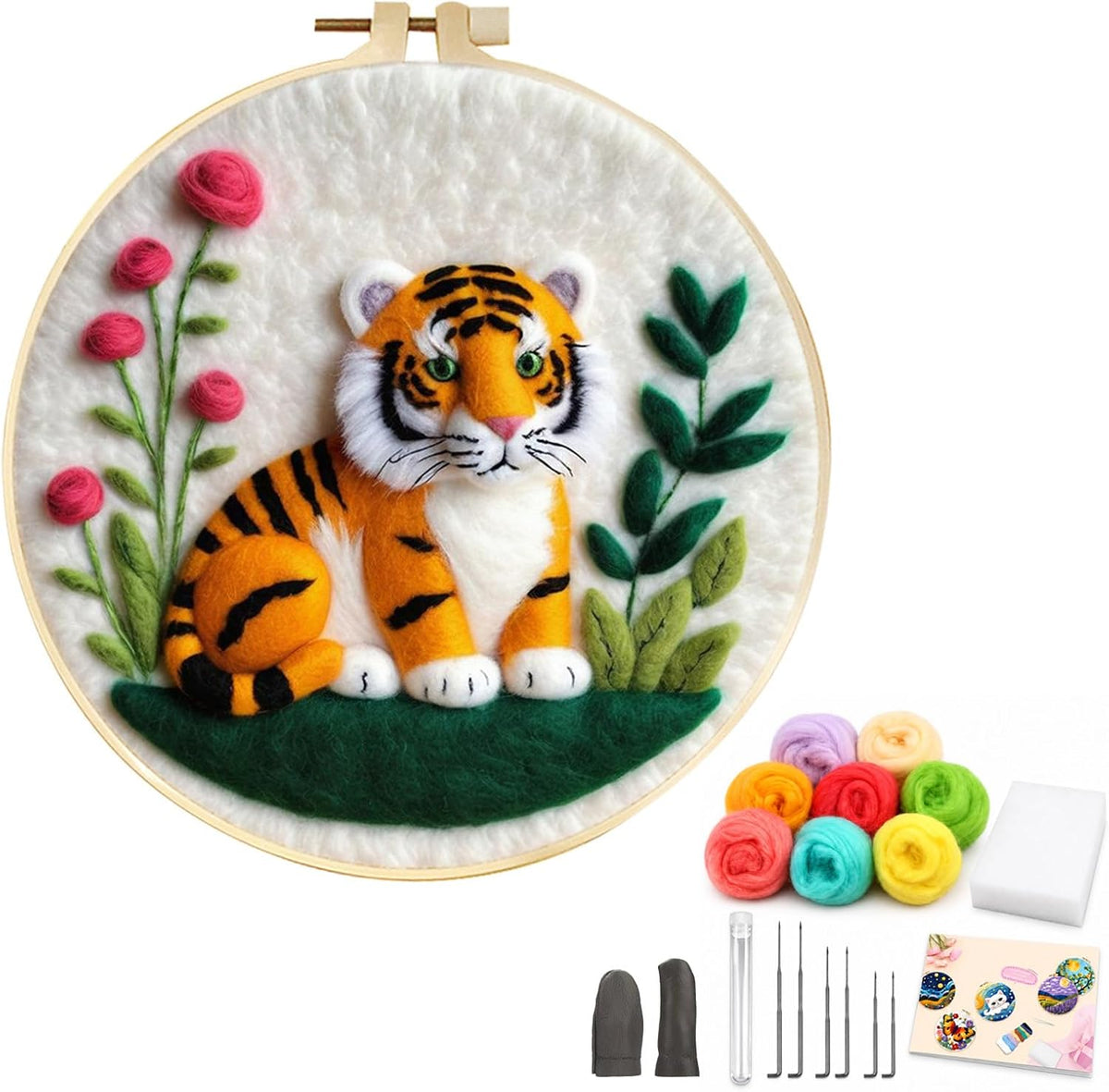Zovylks Needle Felting Kit for Adults, 7.9 Inch Wool Felt Painting DIY Craft Set for Beginners, Needle Felt Starter Kit with Picture Frame, Foam Pad, Finger Cot (Tiger)