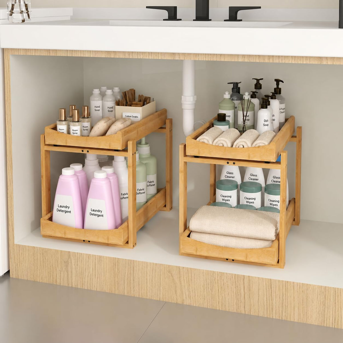 Bamboo under Sink Organizer, 2 Pack Pull Out Cabinet Organizer