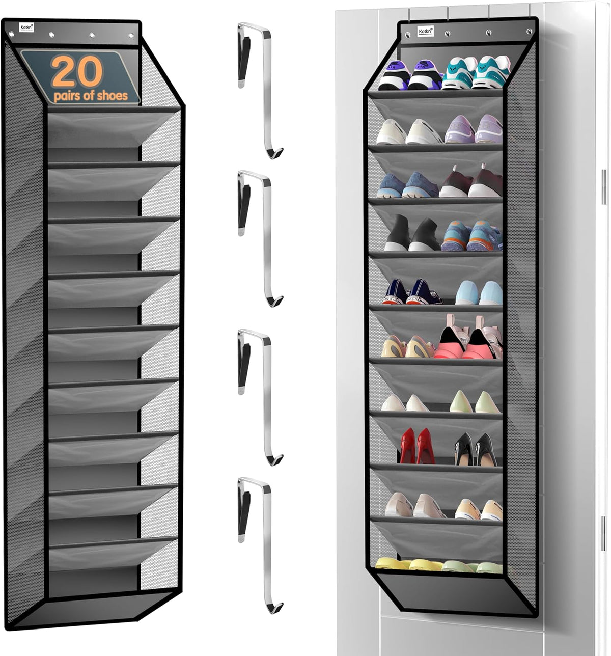Kotkn 10 Tier over the Door Organizer - Heavy Duty Hanging Storage Rack with Sturdy Oxford Fabric, Holds 20+ Pairs of Footwear, Boots & Sneakers, Saves 50% Closet Space (Gray)