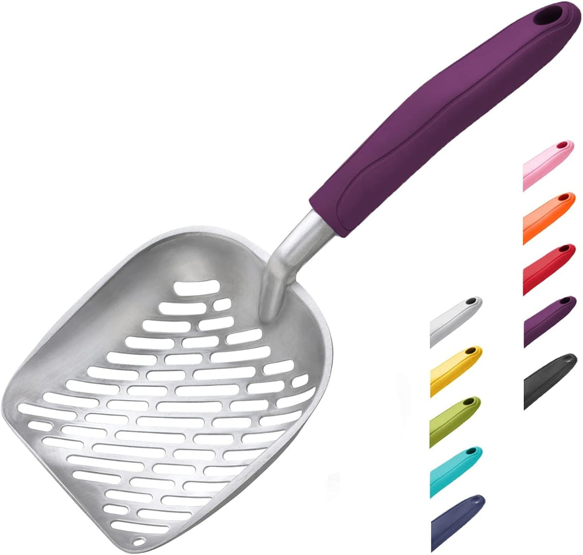 Wepet Cat Litter Scoop, Aluminum Alloy Sifter, Kitty Metal Scooper, Deep Shovel with Diagonal Sifting Hole, Long Handle, Kitten Poop Lifter for Litter Box, Large Size, Violet Handle