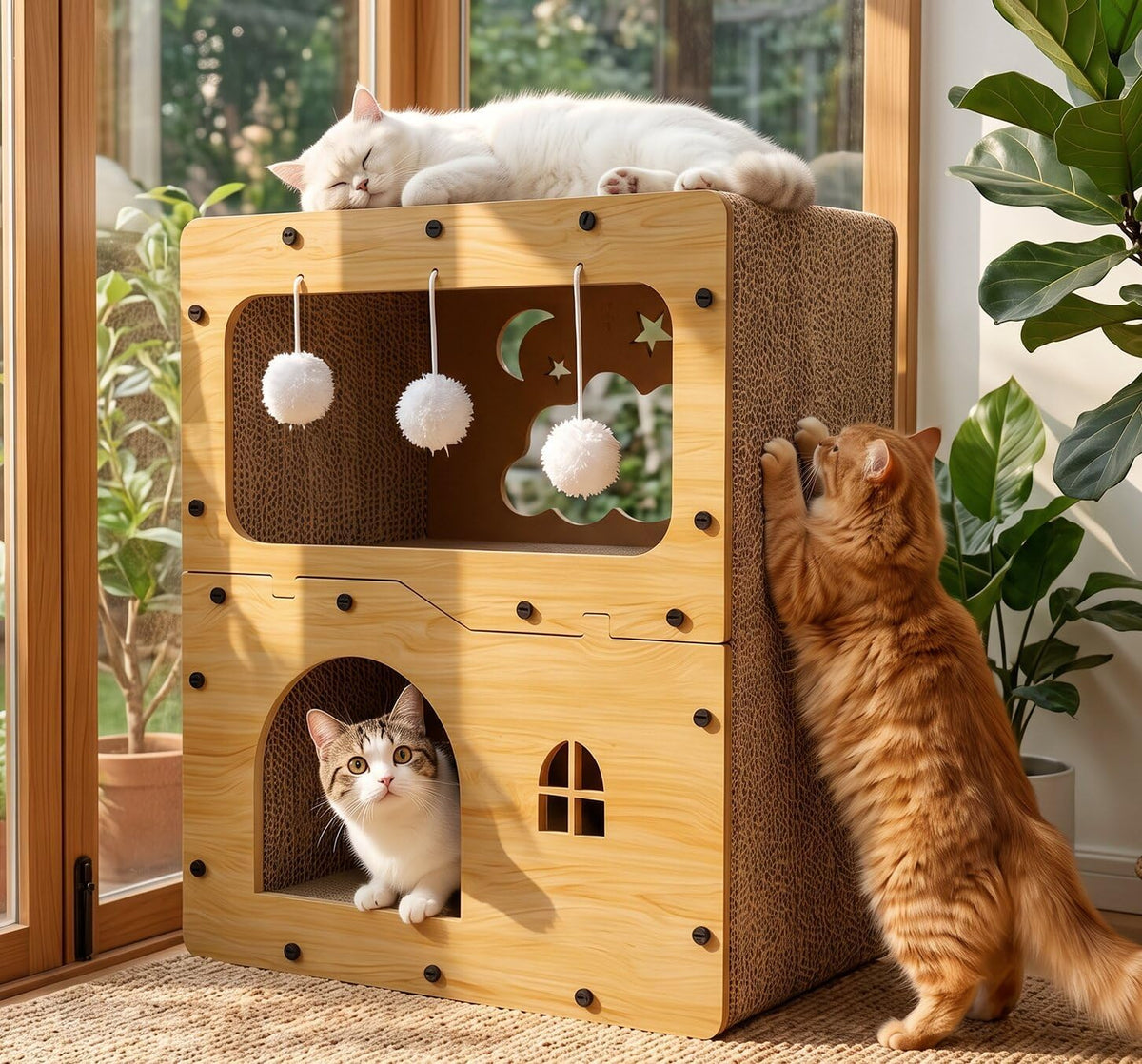 GTPLAYER 2‑Level Corrugated Cardboard Cat Condo, Multi‑Functional Indoor Cat Furniture for Kittens & Adult Cats up to 22 Lbs, Scratcher, Raised‑Rim Top Bed, Lower Hideout & 3 Hanging Plush Balls