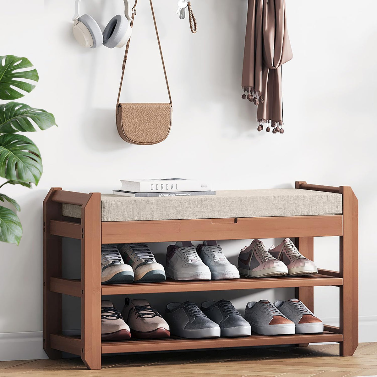 27.6" Entryway Shoe Rack Bench with Cushion, 2-Tier Storage Bench