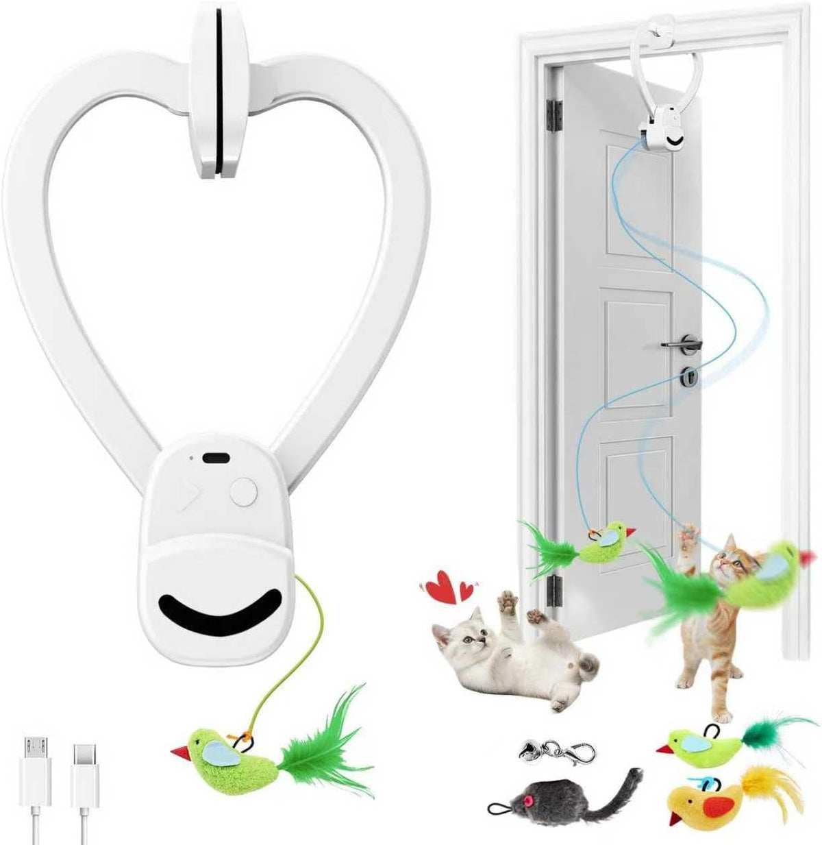 CATPICK Interactive Cat Toys for Indoor Cats - Automatic Flying Bird & Mouse Doorway Hanging Toy, USB Rechargeable Electric Kitten Toy for Hunting Instinct, Enrichment & Exercise, 2 Birds & 1 Mouse
