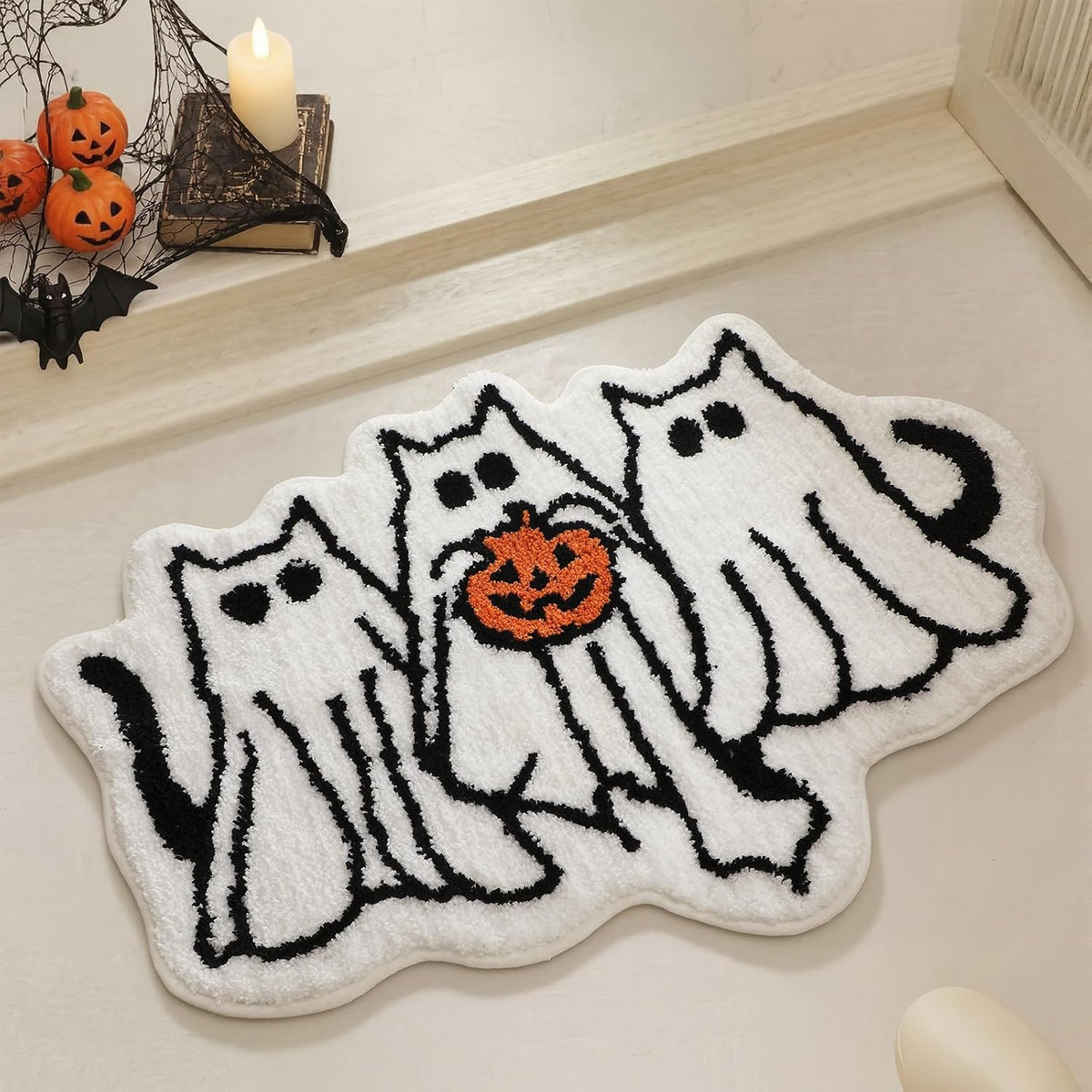Nuanchu Halloween Cat Ghost Bath Mat Non-Slip, Soft Flocked