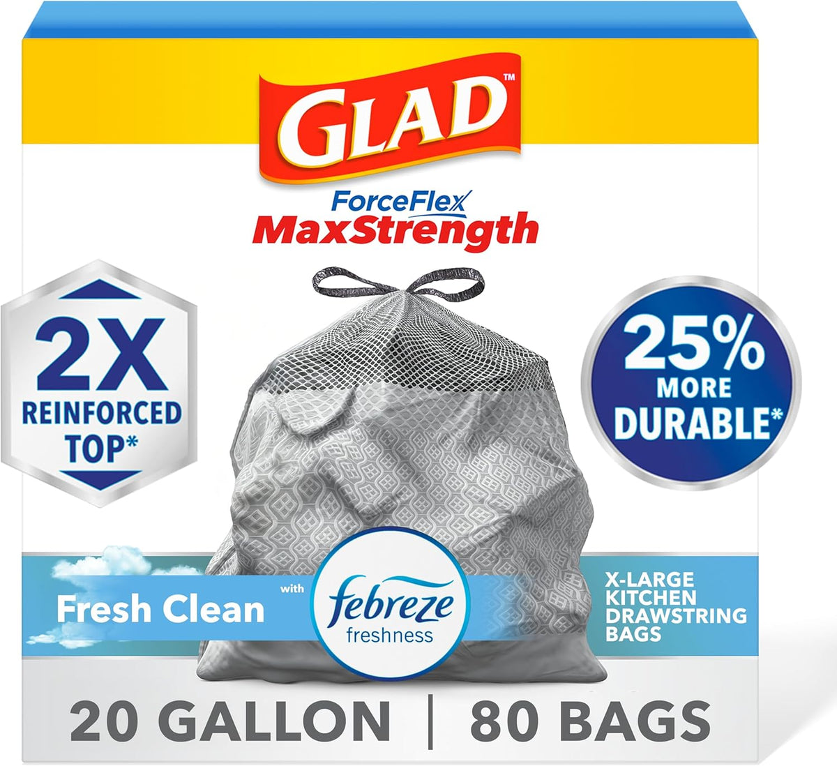 Glad Forceflex Maxstrength Kitchen Trash Bags, Rip and Tear Resistant, Fresh Clean Scented Large Garbage Bags, Odor Control, Febreze Freshness, 20 Gallon Trash Bags, 80 Count