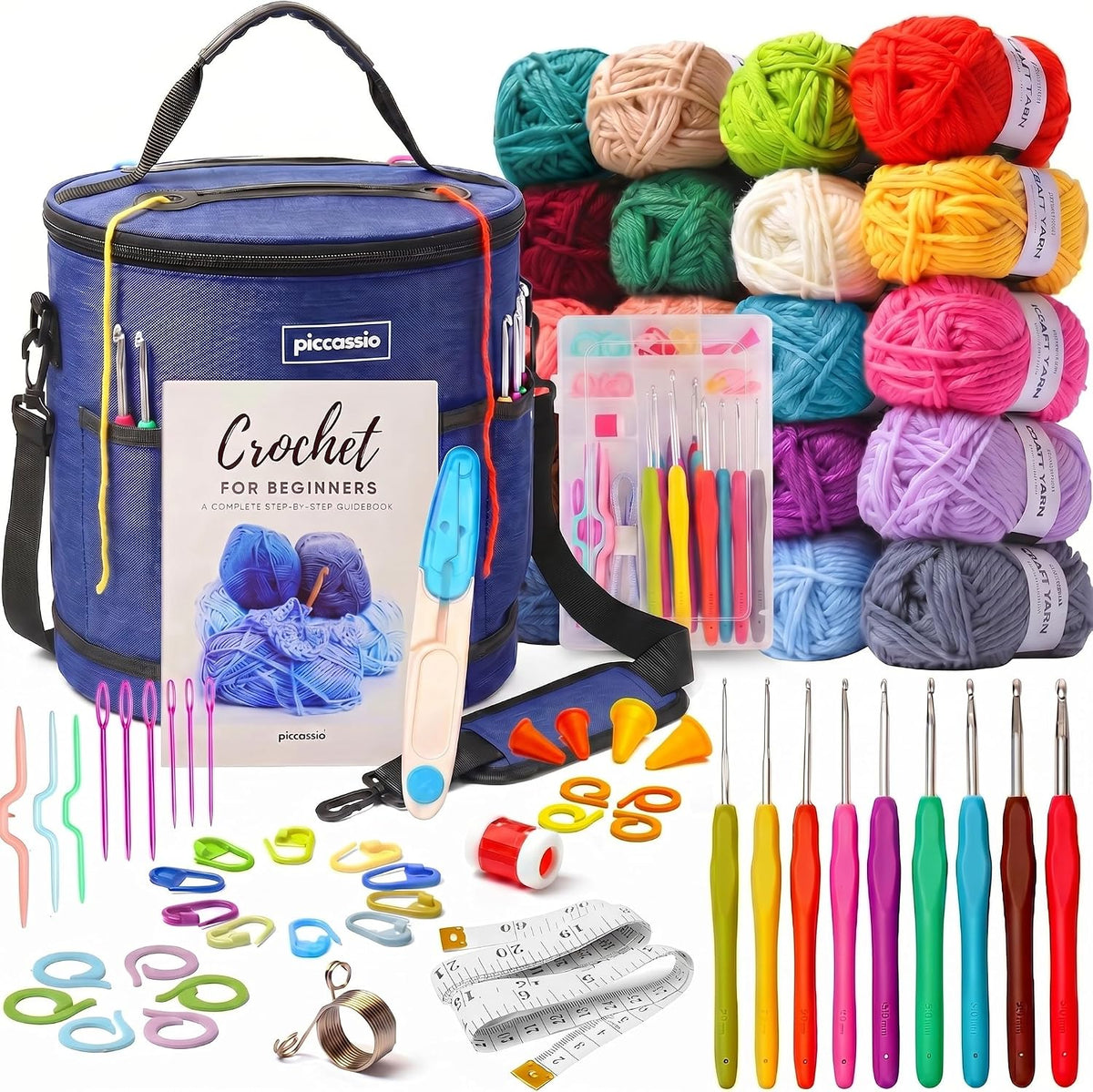 Piccassio Crochet Kit for Beginners – Complete Starter Set for Adults & Teens with 20 Yarn Colors, Hooks, Book & Organizer Bag – Learn to Make Amigurumi, Plushies & Handmade Gifts