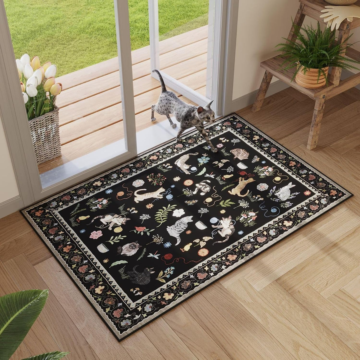 Rugcomf Small Area Rug 2X3 Door Mat Washable Floral Animal Cat, Black