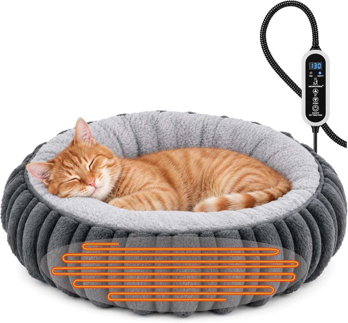 Heated Cat Bed for Indoor Cats - 20" Machine Washable Heated Pet Bed, Gray