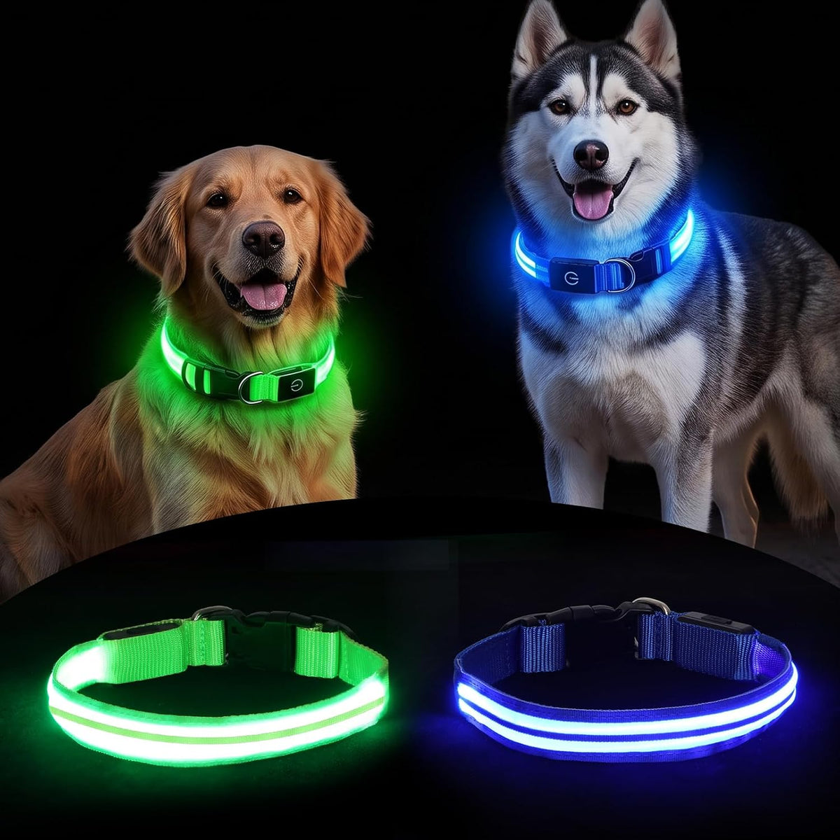 2-Pack Neon LED Light up Dog Collar for Night Walking, Rechargeable Safety Glow Illuminated Collar, Reflective Adjustable Pet Light for Medium/Large Dogs 15-19" Neck (Green & Blue)