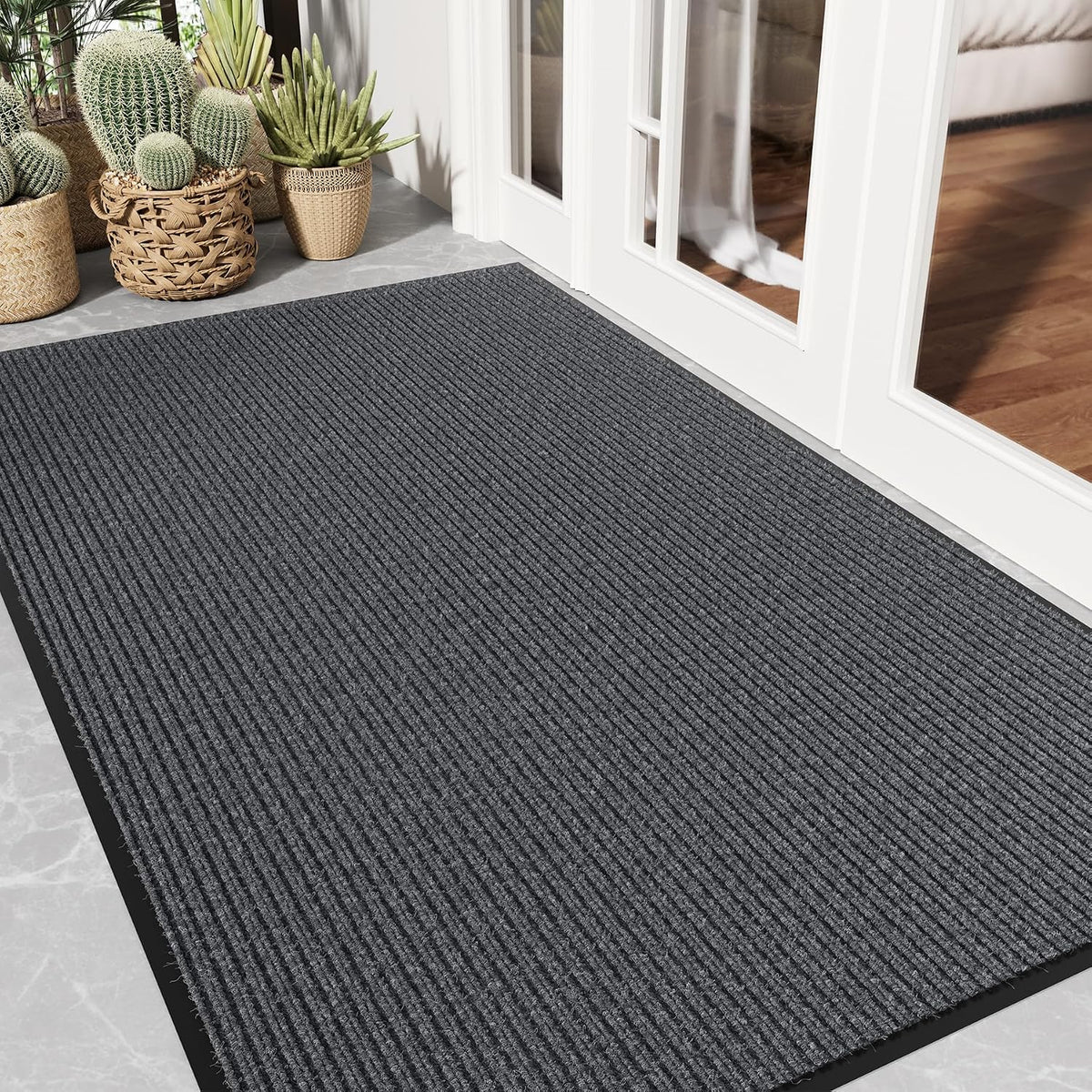 Front Door Mat, 3' X 5' Heavy Duty Door Mat outside Entrance, Non-Slip Welcome Mat, Absorbent & Dirt Resistant, Low Profile Large Door Mats, Commercial Rugs for Entryway Indoor Outdoor, Grey