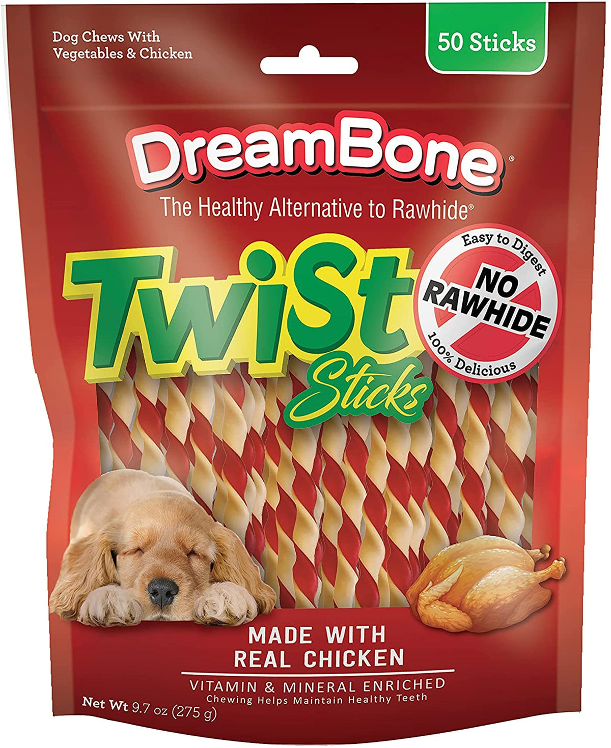 Dreambone Twist Sticks Chews for Dogs, Treat Your Dog to Easy-To-Digest Rawhide-Free Chews Made with Real Vegetables and Chicken, 50 Count
