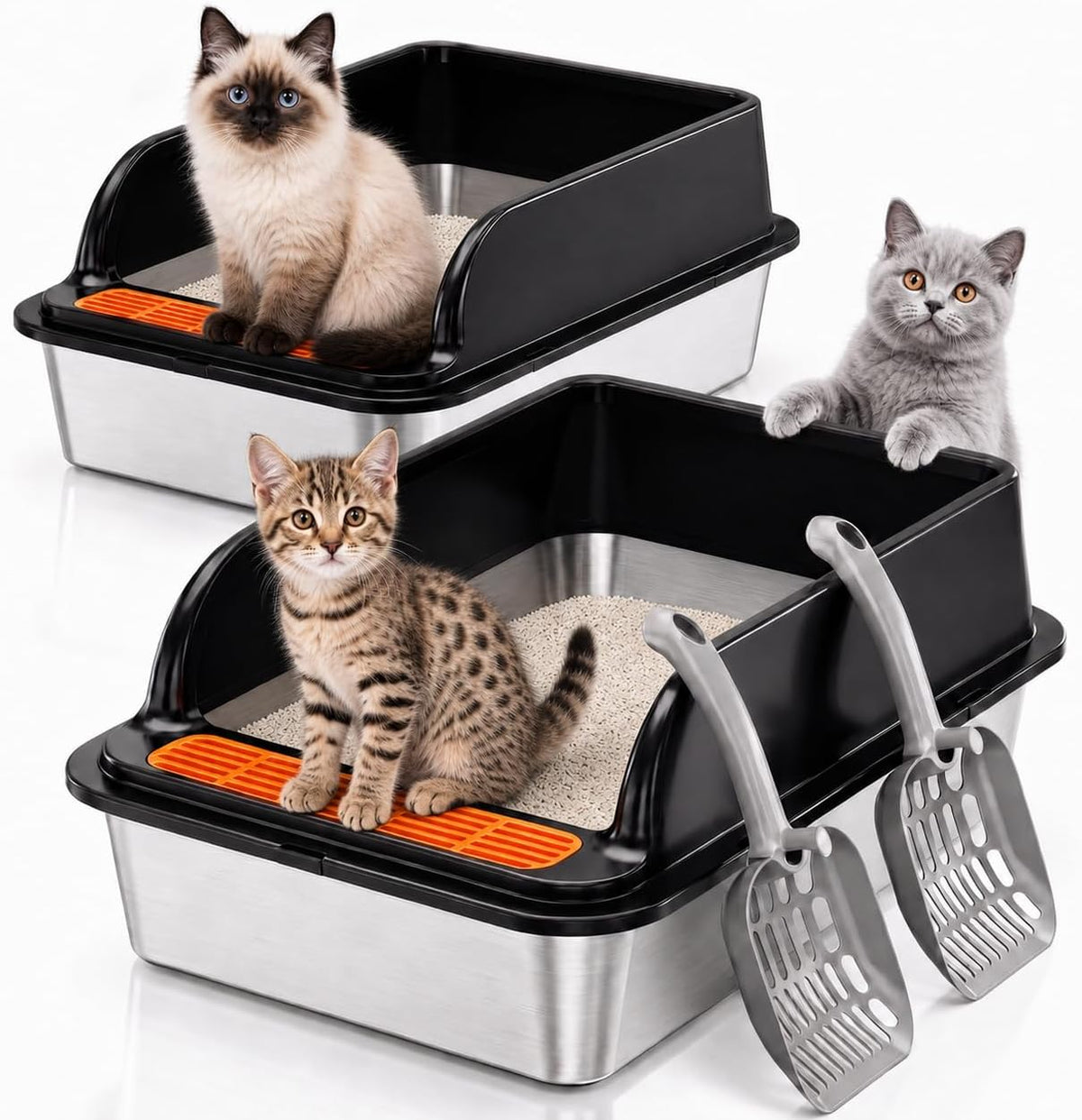 Jotesnew 2 Pack Small Stainless Steel Cat Litter Boxes with Scoops