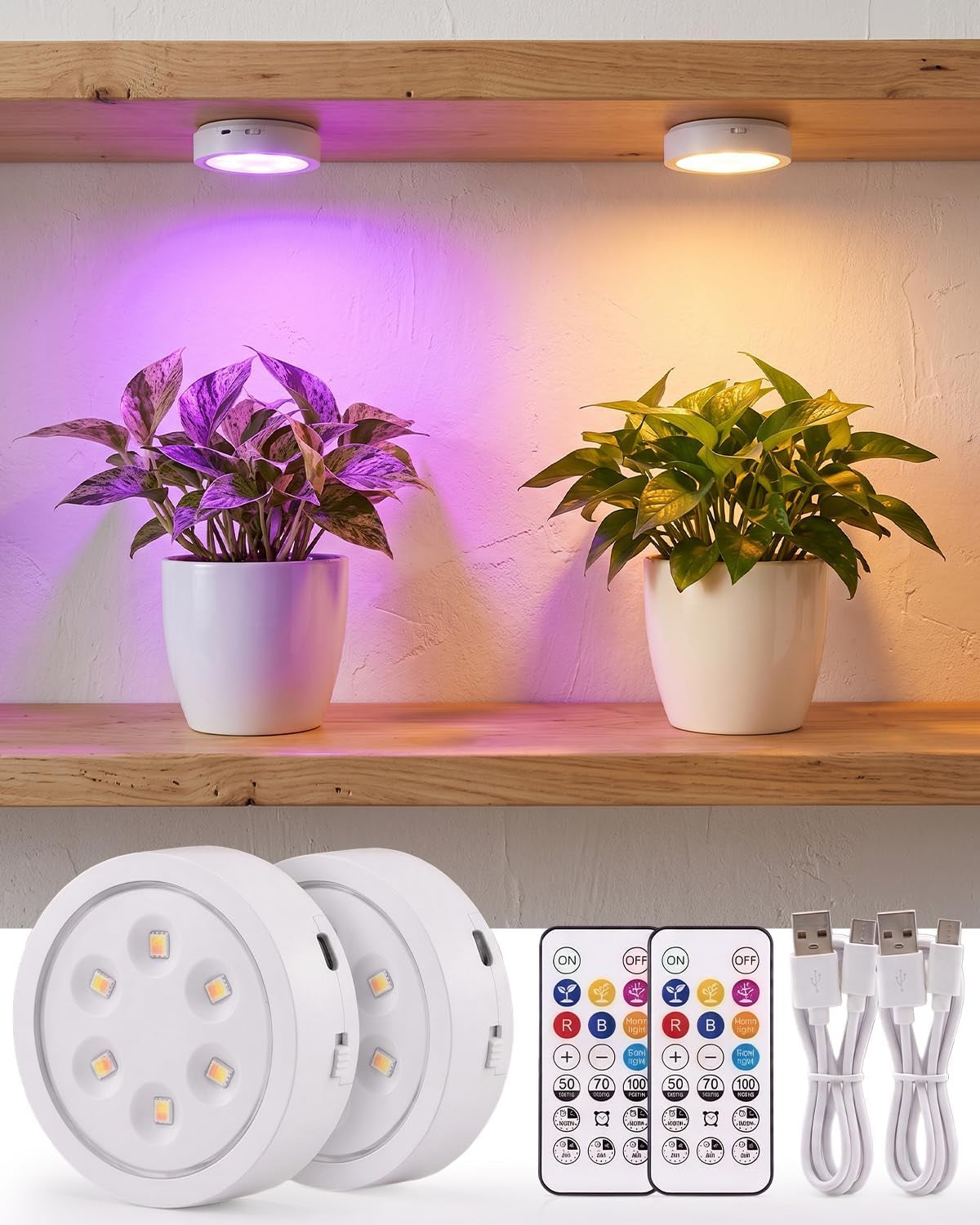 2 Pack Cordless Grow Light for Indoor Plants, Full Spectrum, 3 Growth Modes