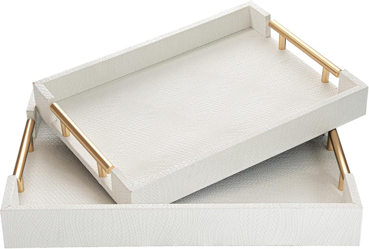 2 Piece Woven Leather Ottoman Tray with Gold Handles, Perfect Rectangular Serving Tray for Living Room, Coffee Table Tray as Thoughtful Gift for Home Decor Enthusiasts (White)