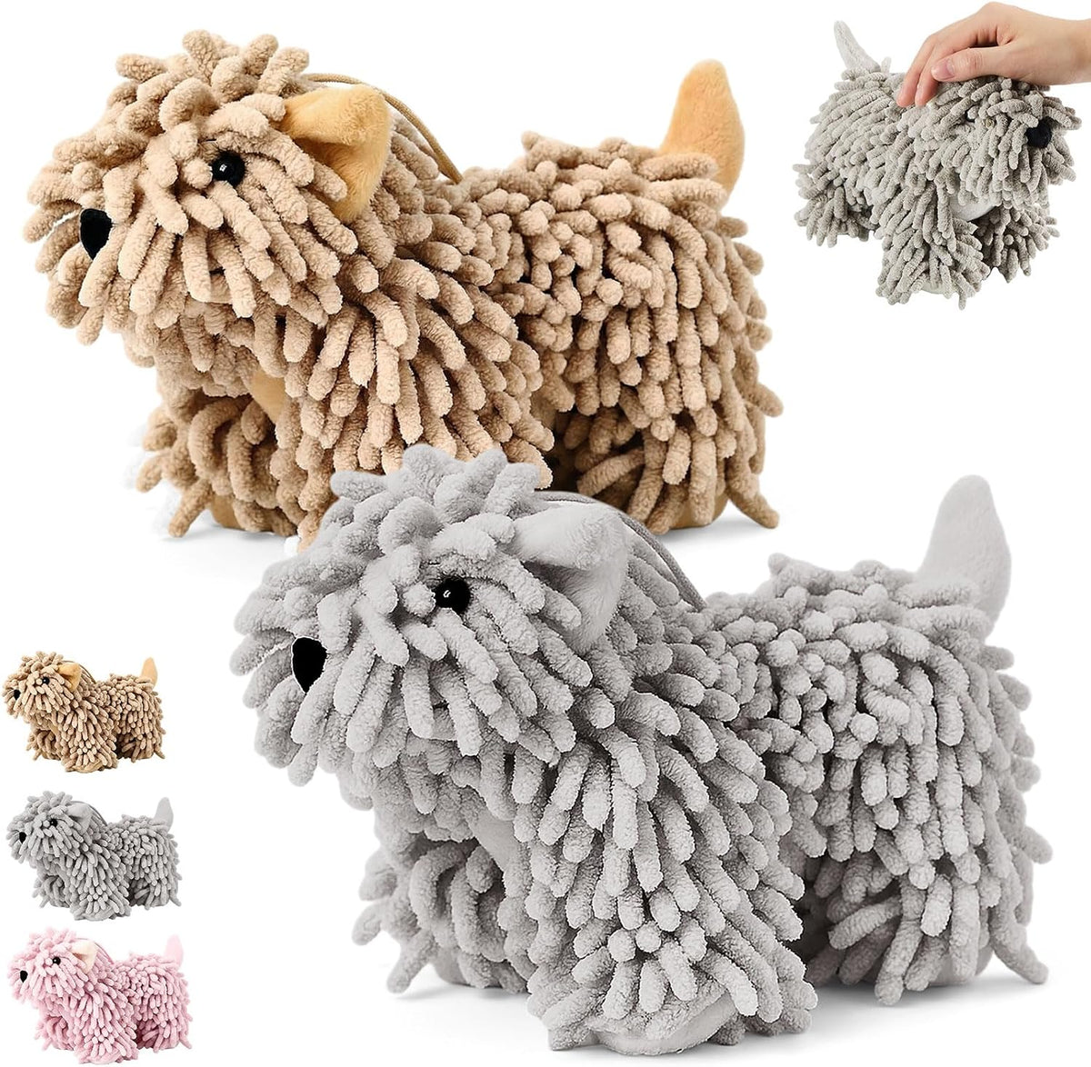 Tegeme 2 Pcs Chenille Dog Hand Towel, Grey Brown, Standing Dog