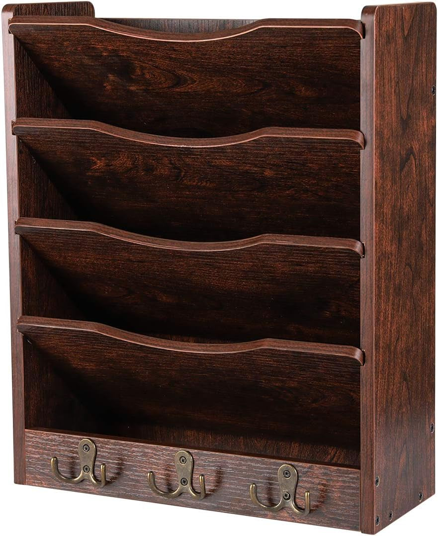 Pag-Mass 5-Tier Wall File Holder Hanging Mail Organizer Wood Magazine Literature Rack with 6 Hooks, Brown