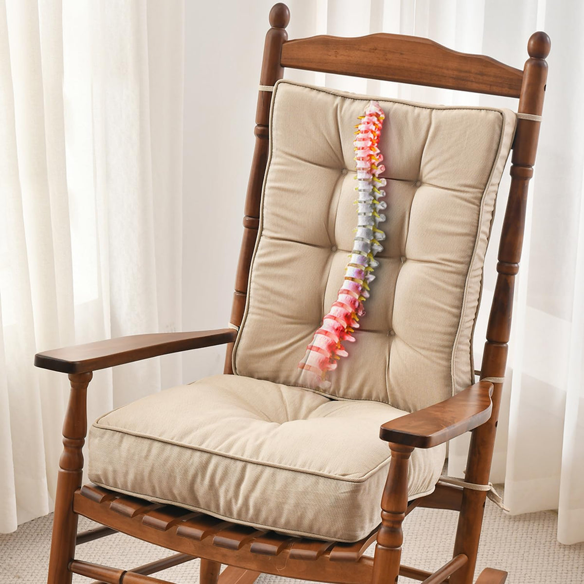 SUNROX Memory Foam Non Slip Rocking Chair Cushion, Fadeshield Water Resistant Thicken Durable Tufted Pads, Set of Seat & Back Cushion with Ties for Indoor/Outdoor Rocker, 2 Piece, Husk Birch
