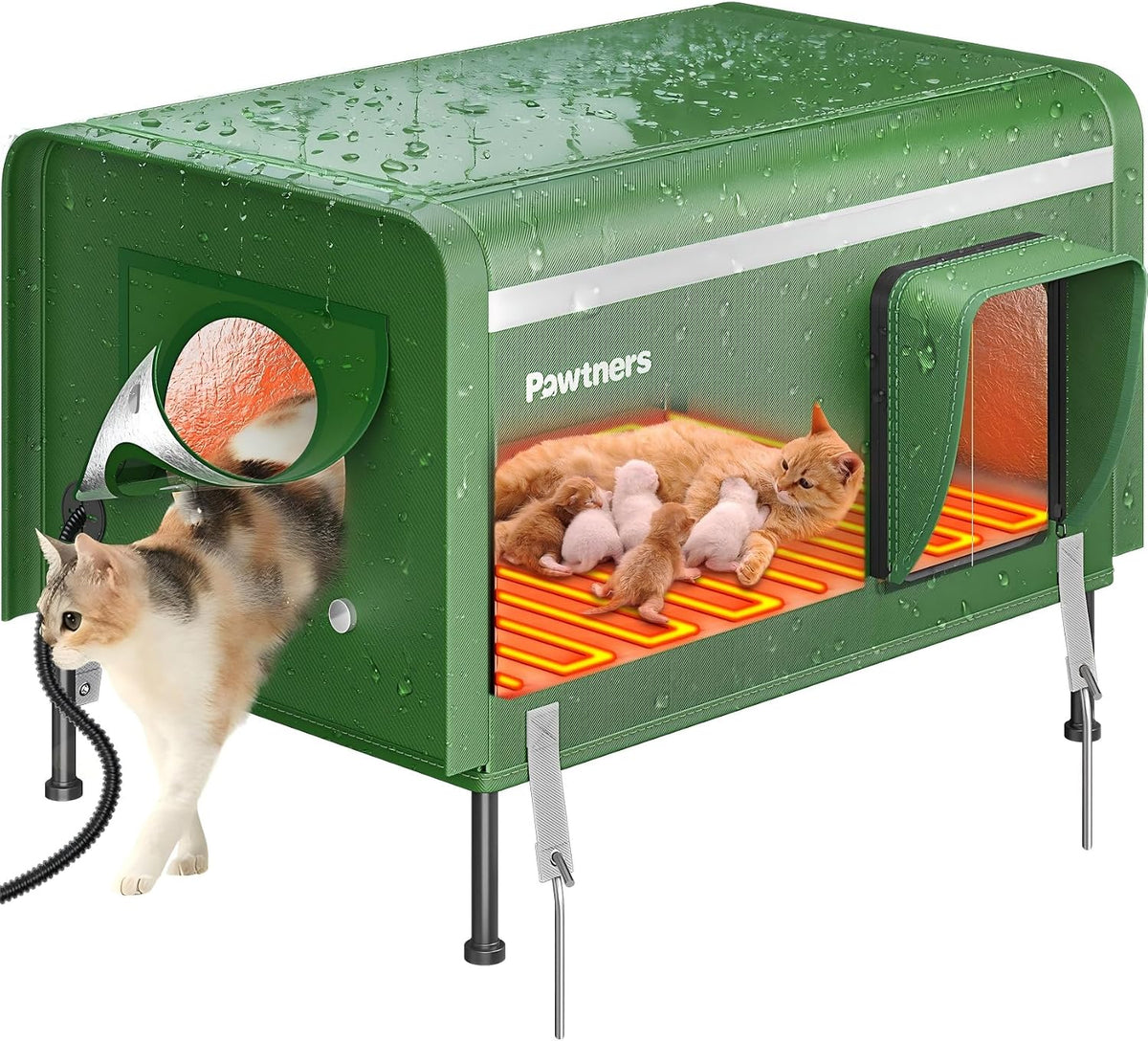 Pawtners Heated Outdoor Cat House for outside Cats, 26'' XL Insulated Weatherproof Cat Shelter with Heated Pad, Elevated Feet & Escape Door, Warm Kitty House for Feral or Stray Cats in Winter