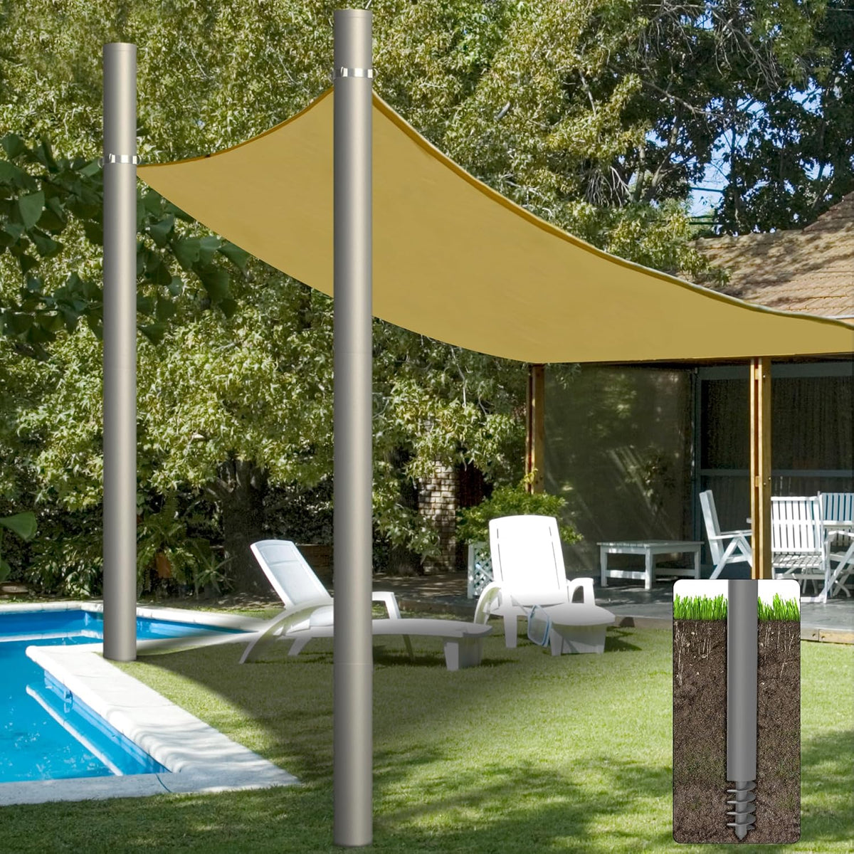 Shade Sail Poles, Heavy Duty Sun Shade Poles, Screw in Poles for Sun Shades Outdoor, 12 Ft Sun Shade Sail Poles with D-Clamps, 2.28" Sun Shade Pole Kit for Ground Soil Backyard, 2 Packs