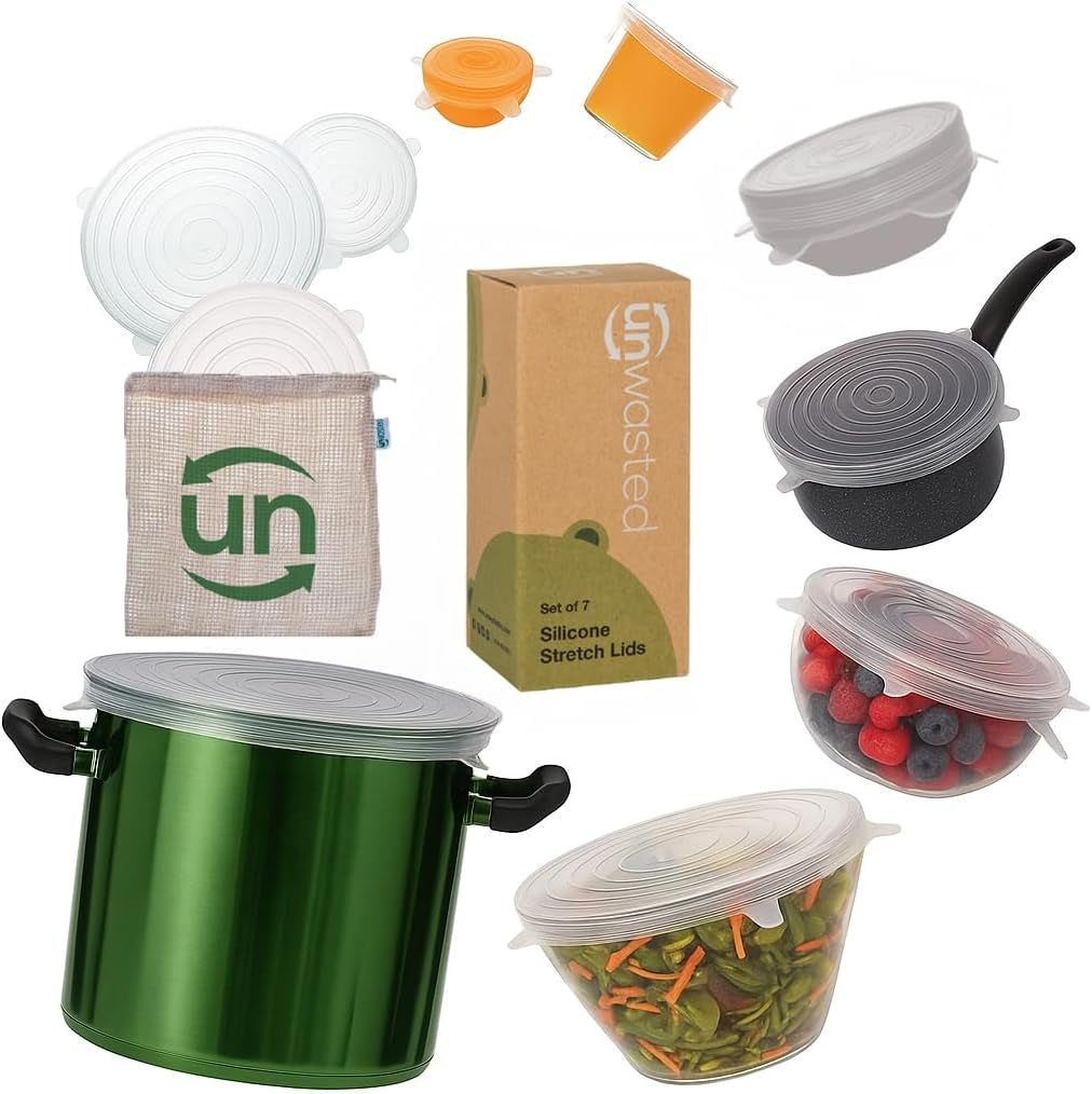 Unwasted Reusable Silicone Lids (Variety Pack) – Upgrade Your Kitchen Gadgets with Our Covers for Food Storage – Reusable Silicone Stretch Lids and Food Covers for Containers (Pack of 7)