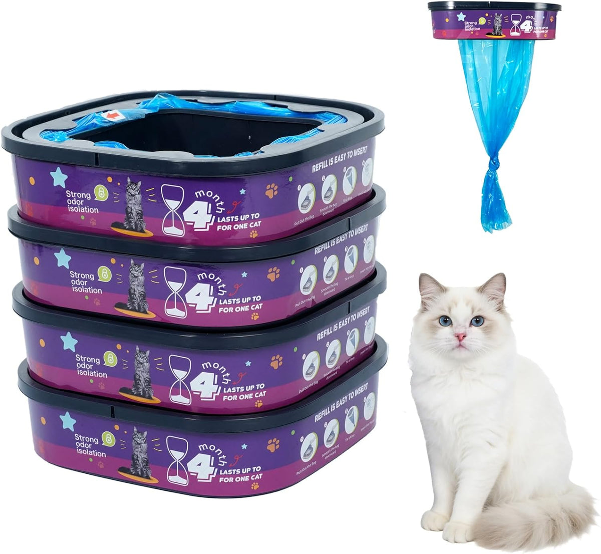 4 Pack Cat Litter Refills Bags Jumbo 28FT Cartridge Odor Control