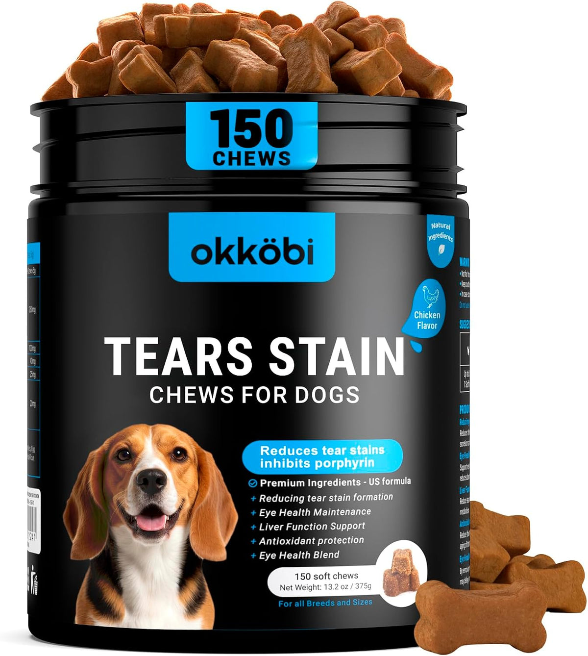 Tear Stain Chews for Dogs, Eye Vitamins with Lutein and Cranberry, Chicken