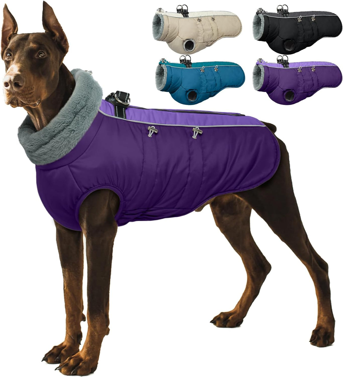 Warm Dog Coat with Harness, Waterproof Reflective Dog Jackets for Large Dogs, Fleece High Collar Winter Jacket with Zipper, Pet Winter Snowsuit Clothes for Cold Weather,Purple 2XL