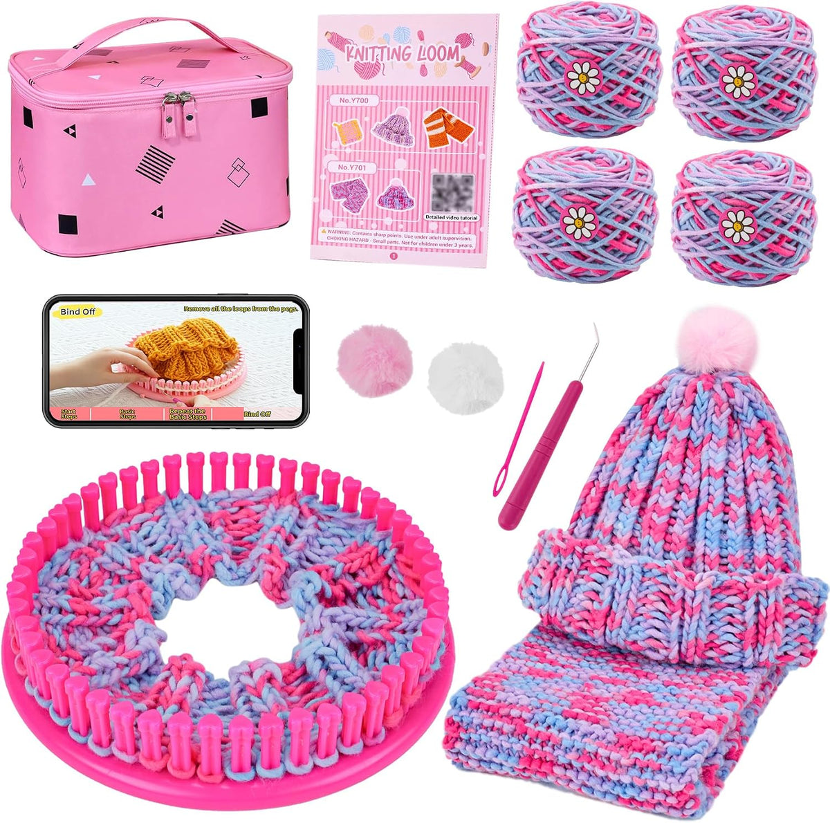 Ahco. Knitting Loom Kit for Girls Ages 6 7 8 10 11 12 – DIY Yarn Craft Set with Looms, Hooks, Storage Bag and Tools, Create Hats, Scarves, Coasters – Fun Gift for Beginners and Kids (Rose)