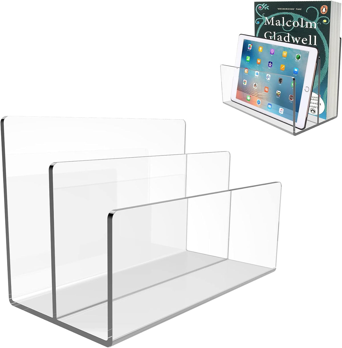 Boloyo Acrylic File Holder,1Pc 2 Sections Clear File Organizer Mail Letter Sorter Desktop Folder Holder for Home Office School Envelope Bill Filling Paper Document