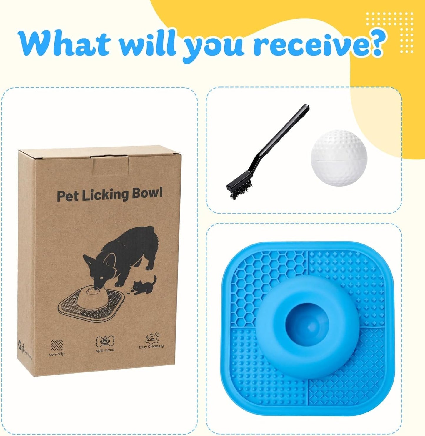 Slow Feeder Dog Bowls & Lick Mat for Liquid and Thick Treat, Anti-Slip Dog Lick Bowl with Interactive Rolling Ball, 5/6 Cup Pup Licking Toy for Large Medium Small Dogs and Cats Blue
