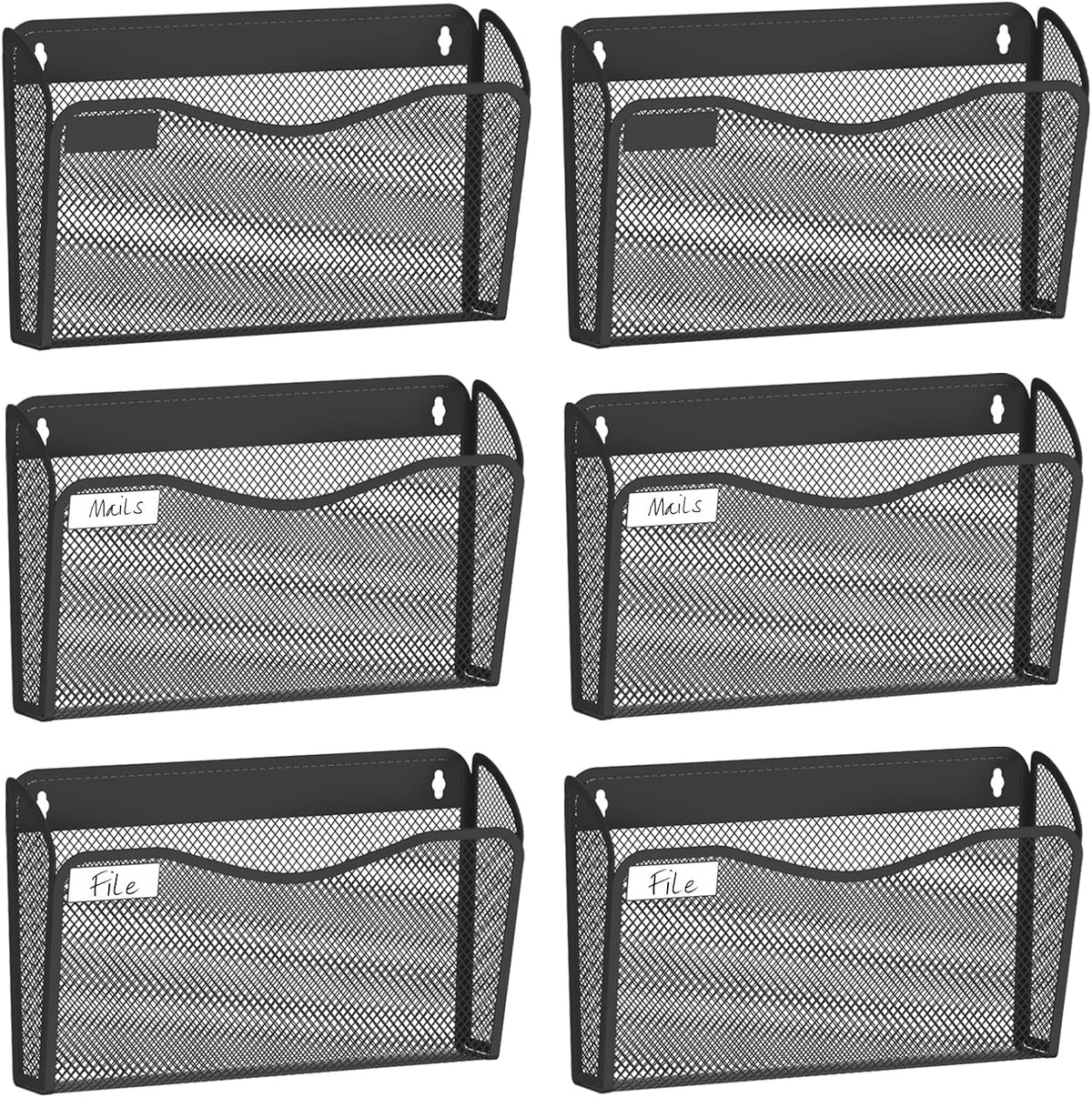 Wall File Organizer, 6 Single Pockets Mesh Hanging File Organizer, Mount Document Magazine Rack with Labels, Hanging File Folders for Office, Home and School, Black