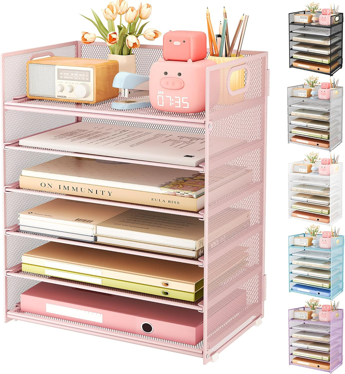 6 Tier Office File Paper Desk Tray Organizer with Handle, Stackable Slide Mesh Letter Tray Folder Pink Desk Organizer, Desktop Document Sorter for Classroom, Office, Home Supplies Storage