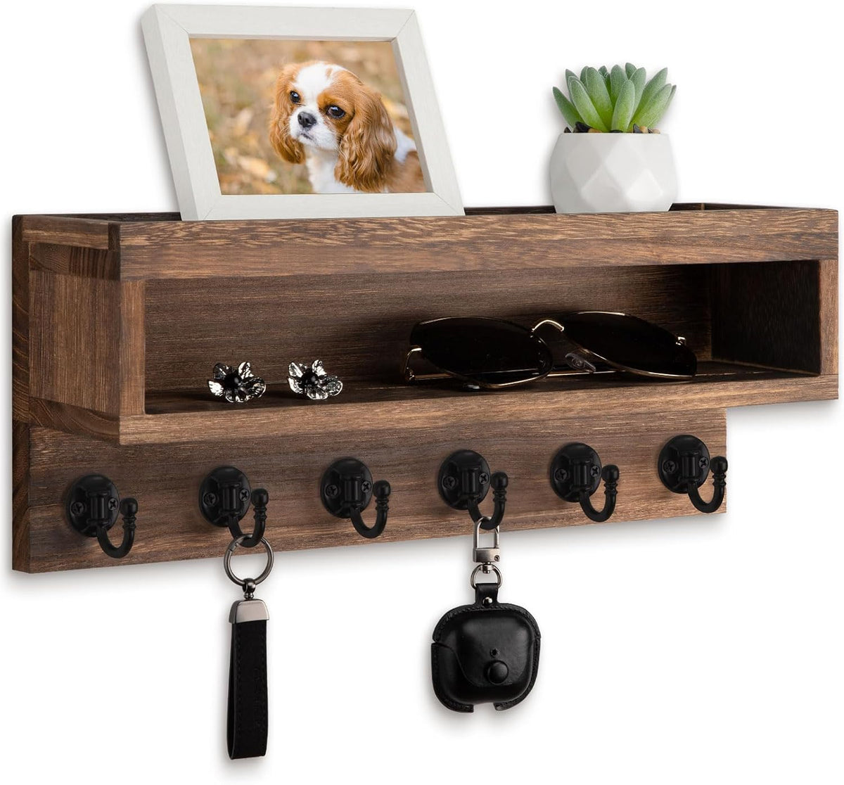 Key and Mail Holder Wall Mount with Long Storage Box and 6 Hooks