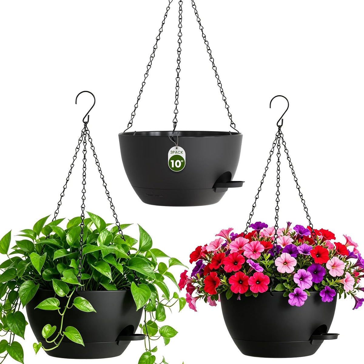 10 Inch Self-Watering Hanging Planters Set of 3 with Saucers