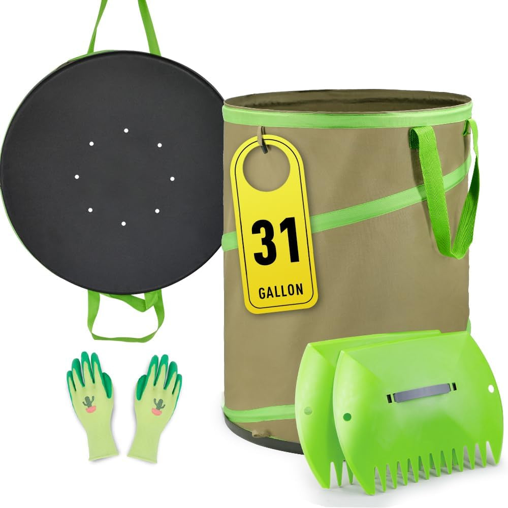 Colwelt Collapsible Leaf Bags 31Gallon, Pop-Up Reusable Garden Bag Collapsible for Yard Waste, Heavy Duty Collapsible Trash Can with Hard Shell Base, Garden Waste Yard Bags for Yard Garden Camping