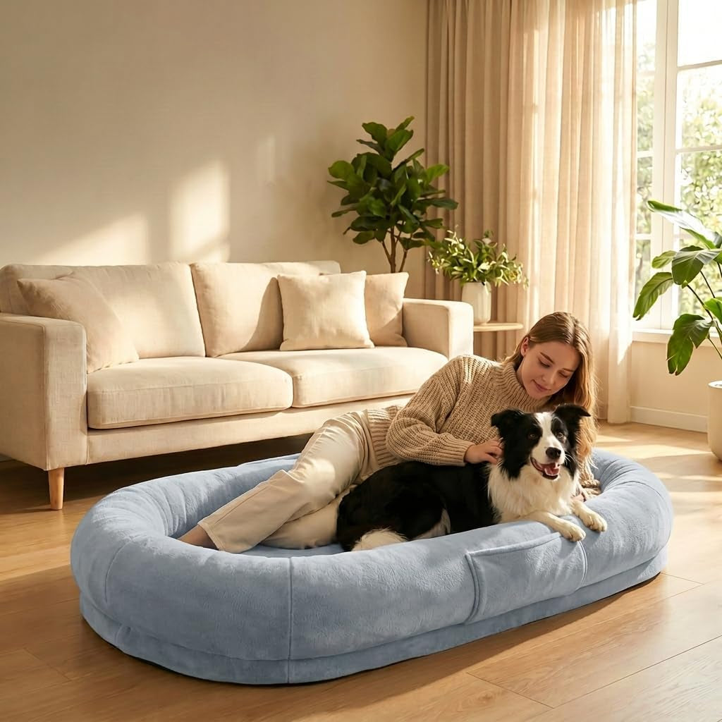 Human Dog Bed for Large Dog - Giant Dog Bed for Humans with High-Density Foam & Faux Fur Cover - Washable Bean Bag Bed Alternative for Napping, Gaming, and Pet Bonding